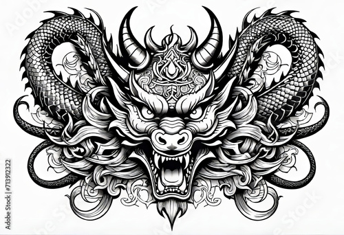 Vector illustration, Asian dragon and mask tattoo template, Asian patterns and ornaments, hand drawn sketch, Asian devil mask, photo
