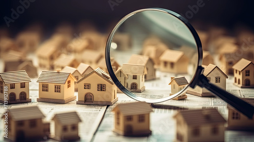 buy new home. Searching new house for purchase. Rental housing market. Magnifying glass near residential building photo