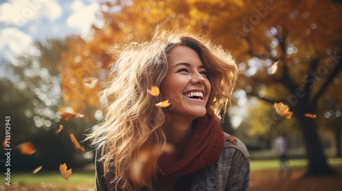 Capturing the joy of a woman's smile amidst autumn foliage in a park, Instagram style photography, with ample copy space