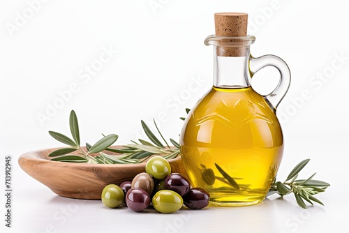 White background with bottle containing oil and ripe olives