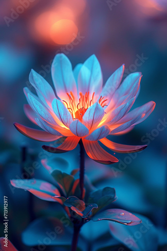 A flower whose petals transition from electric blue to a vibrant orange, defying natural color schemes,