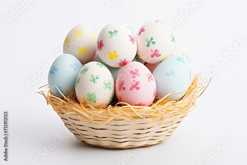 Hand painted pastel Easter Eggs in basket on white backdrop
