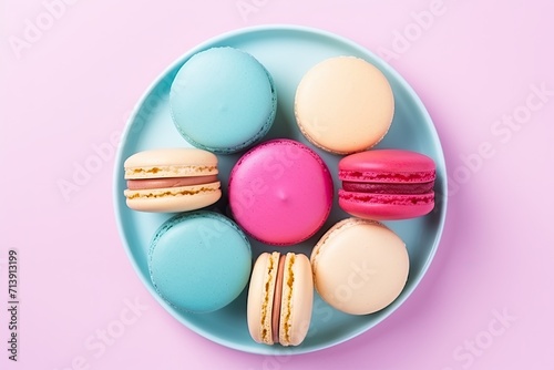 Colorful almond cookies on pastel background from above