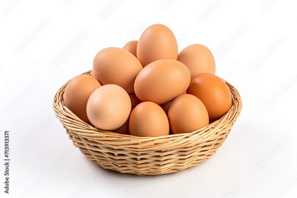 Isolated white background with basket of eggs Isolated white background with basket of eggs