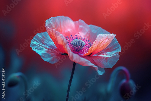 A surreal poppy flower with petals combining a gradient of neon green to deep maroon,