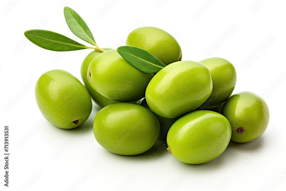 Green olives with leaves isolated on white background Green olives with leaves isolated on white background