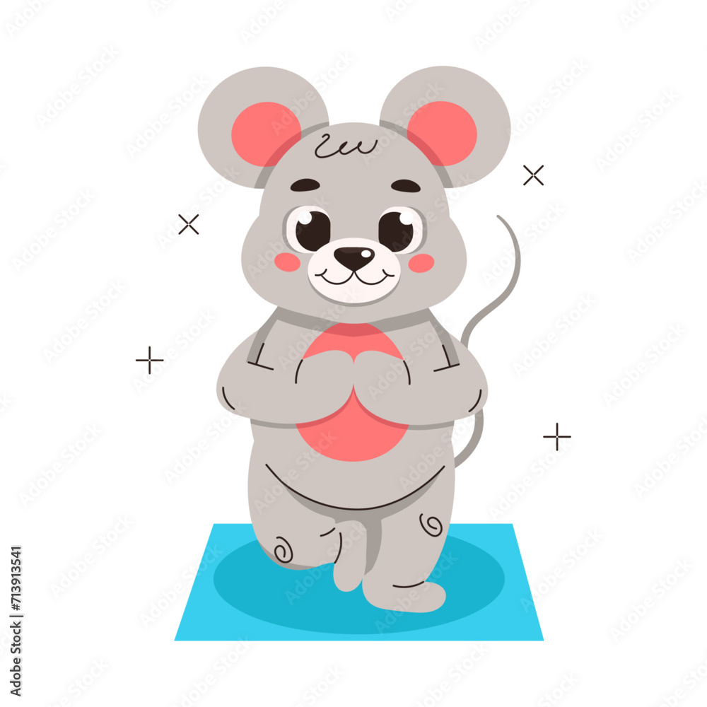 Naklejka premium Illustration from a collection of cute animals. Mouse is doing meditation or yoga. Vector graphics.
