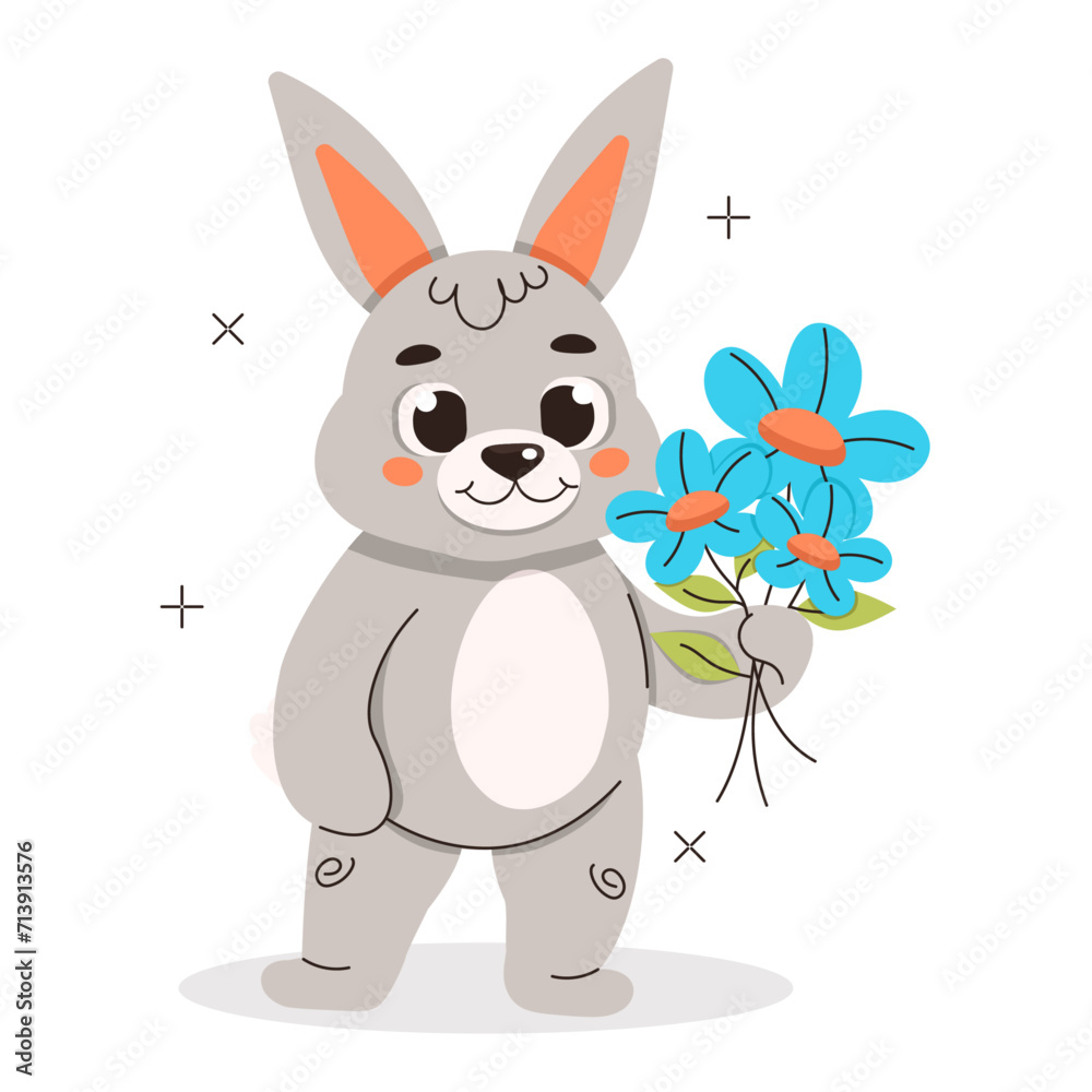 Fototapeta premium Illustration from a collection of cute animals. Hare holds flowers in his hand. Vector graphics.