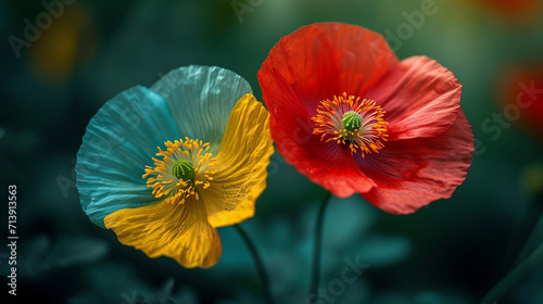 A poppy flower with a half-and-half design of emerald green and bright crimson,