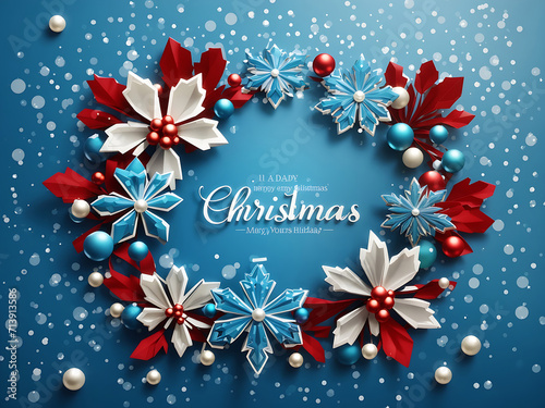 Christmas holiday wreath. 3d decorative snowflakes with shadow and pearls. Blue dotted background designs with greeting text. Vector illustration design.