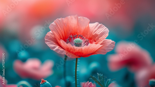 An image of a poppy with petals showing a contrast of mint green and hot pink,