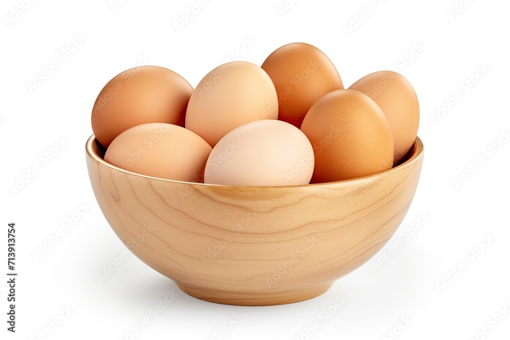 Isolated egg in wooden bowl with clipping path representing farm fresh eggs ready to cook Isolated egg in wooden bowl with clipping path representing farm fresh eggs ready to cook