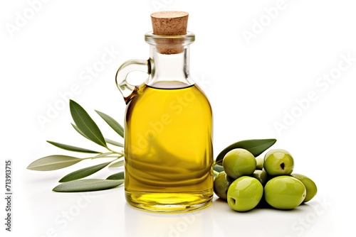 Fresh extra virgin olive oil green olives and leaves isolated on white background