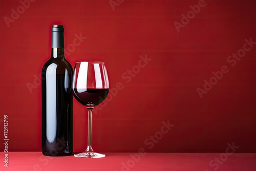 Red wine bottle and empty glass on red backdrop.