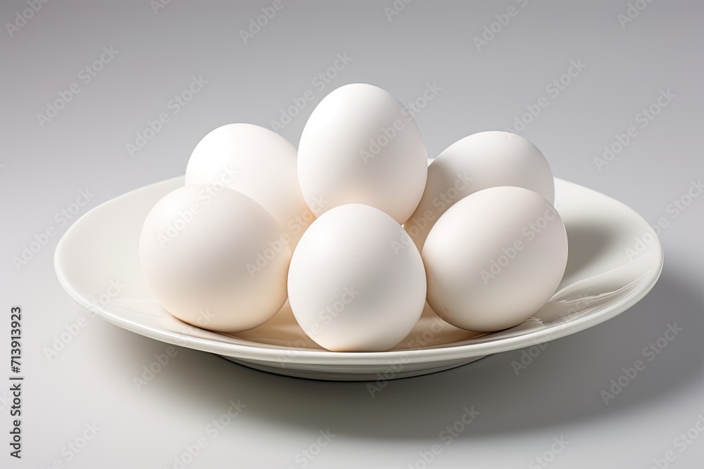 White eggs on white plate against white background White eggs on white plate against white background