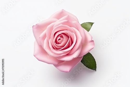 Pink rose in isolation on white backdrop.