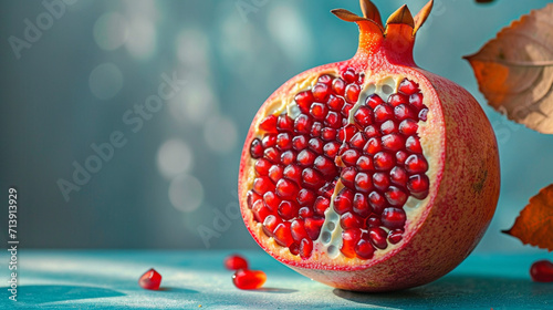 An image of a pomegranate with seeds showing a unique spotted pattern of bright orange on a pale blue base,