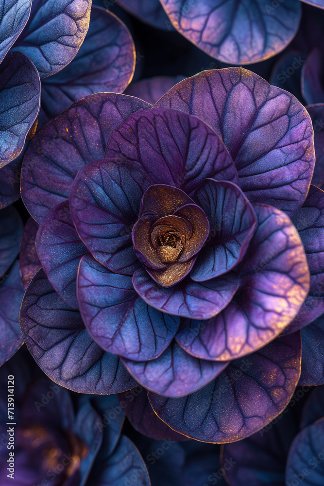 Fototapeta premium A macro photograph of blue cabbage with shiny metallic gold layers contrasting with matte burgundy,