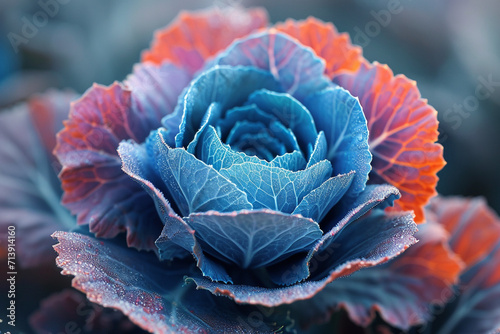 A close-up of blue cabbage with a checkerboard pattern of bright red and turquoise,