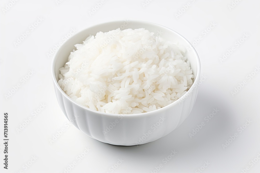 White plate with cooked rice viewed from above set on a white background White plate with cooked rice viewed from above set on a white background