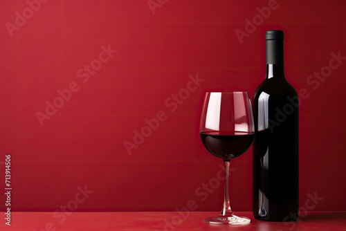 Red wine bottle and glass on red background.