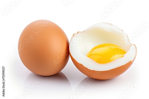 Broken and whole white eggs with yolk isolated on white background