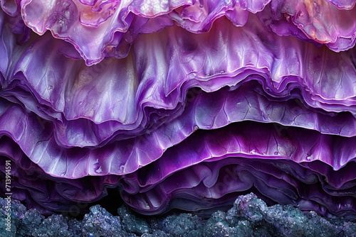 A close-up of the vibrant  jewel-toned layers in a red cabbage cross-section  resembling a natural gemstone 