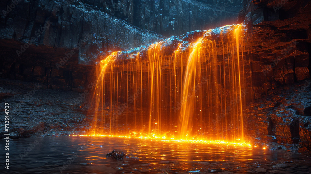 An image of a fiery waterfall, where the water is composed of flames cascading down a rocky cliff,