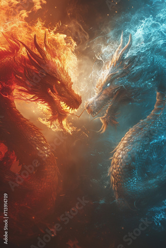 An image of a fire dragon and a water dragon intertwined  symbolizing the fusion of two opposing elements 