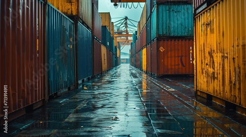 Сargo containers under the rain. Created with Generative Ai technology.