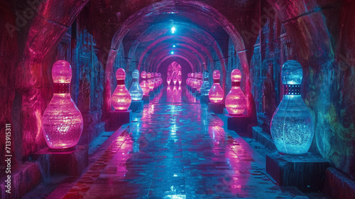 Foto A surreal vision of giant, glowing bowling pins in an ancient, mystical temple,