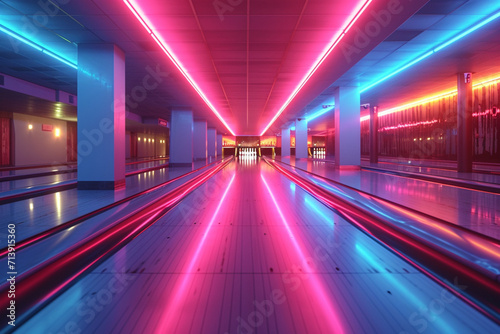 A depiction of a neon-lit bowling alley with lanes that curve and twist in impossible ways,