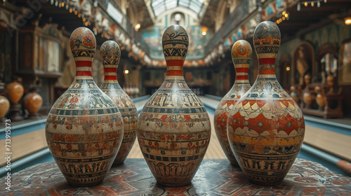 A surreal scene of an antique, Victorian-style bowling game with ornate, carved wooden balls and pins,