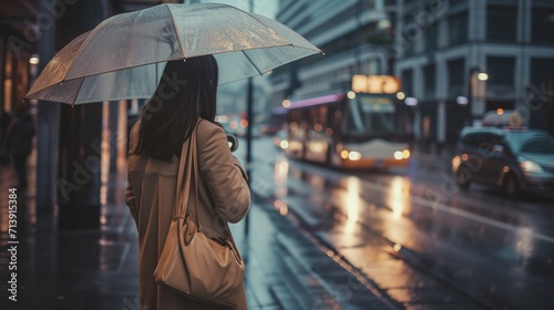 A woman with an umbrella waits, as city traffic glows on a wet evening street.