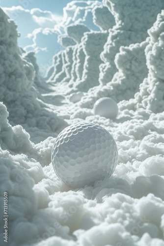 A depiction of a golf game played on clouds  with the balls bouncing on fluffy  white surfaces 