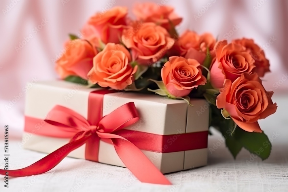 Bouquet of roses and gift box. Valentine Gift