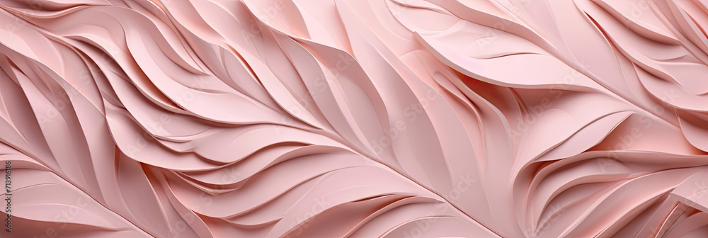 Fototapeta premium 3d tropical leaves background. White, pink geometric floral leaves wall texture, floral background illustration banner.