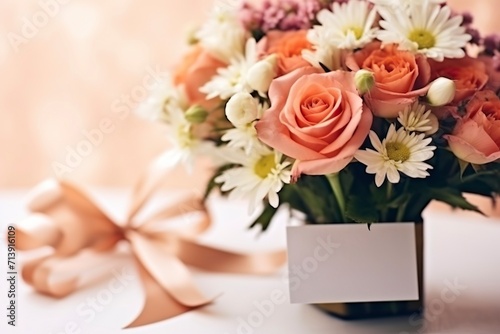 Bouquet of roses and gift box. Valentine Gift