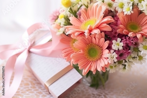 Bouquet of roses and gift box. Valentine Gift