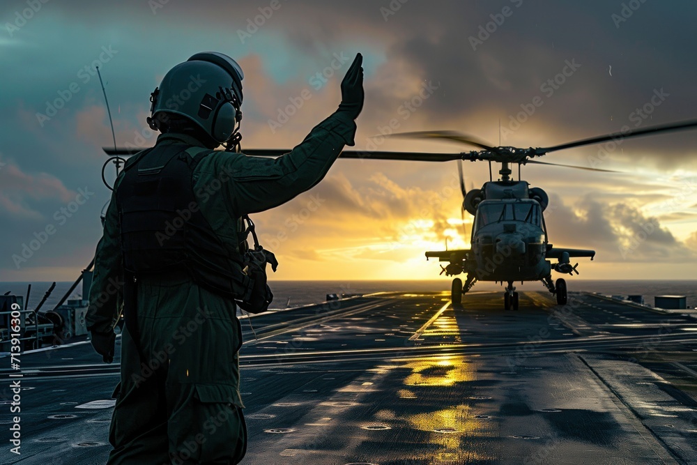A signaller sends a signal to an anti-submarine helicopter on the flight deck of an air combat aircraft carrier.