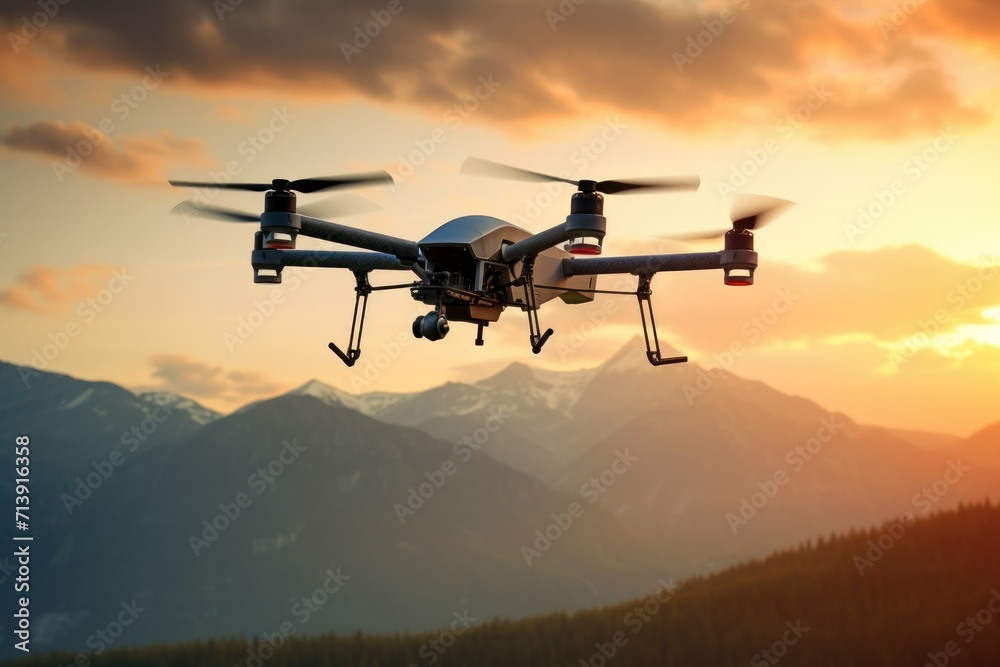 Military fighter drone in high altitude reconnaissance air zone. Drone