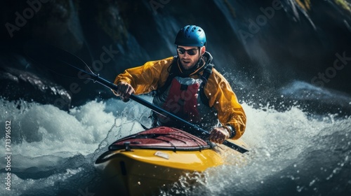 Adventure, white water kayaking challenge, extreme kayaking adventure Man in kayak sailing along mountain river