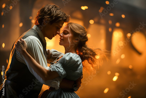 In Love Dancing Together on a Romantic Ballroom Dance Date, Sharing Moments of Grace and Connection with Background on Fire
