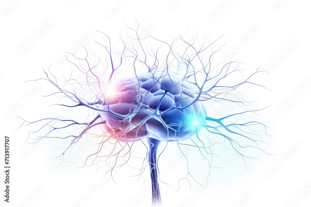 Neuronal network neurons, brain synapses connections to Peripheral Nervous System (PNS). Colorful fractal lightning brain light vivid neurons communicating via neurotransmitter in humans brain network