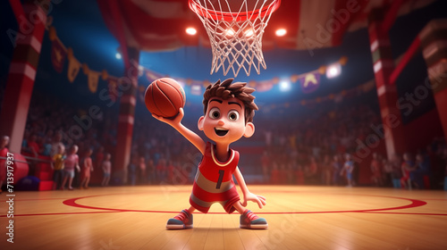 Cartoon basketball player will shooting basketball in the hole