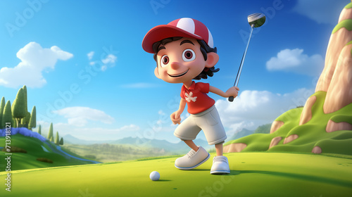 Cartoon cute golfer is playing golf at golf course 