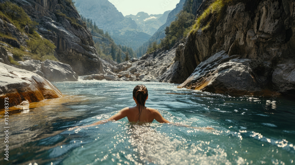 Woman swimming in a mountain river Woman swimming in a mountain river