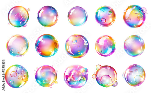 Iridescent Spheres: A Spectrum of Shimmering Soap Bubbles with Luminous Rainbow Hues on a Transparent Canvas