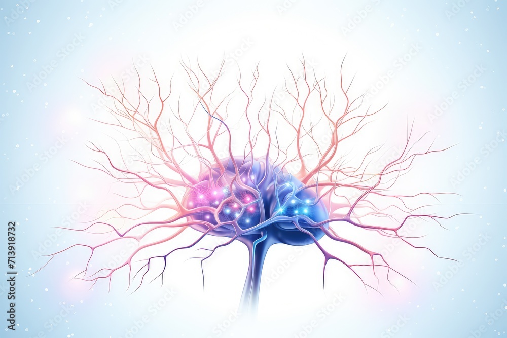 Obraz premium Neuronal network neurons, brain synapses connections to Peripheral Nervous System (PNS). Brain hemispheres, frontal, temporal, parietal, and occipital lobes. Broca's and Wernicke's areas, motor cortex