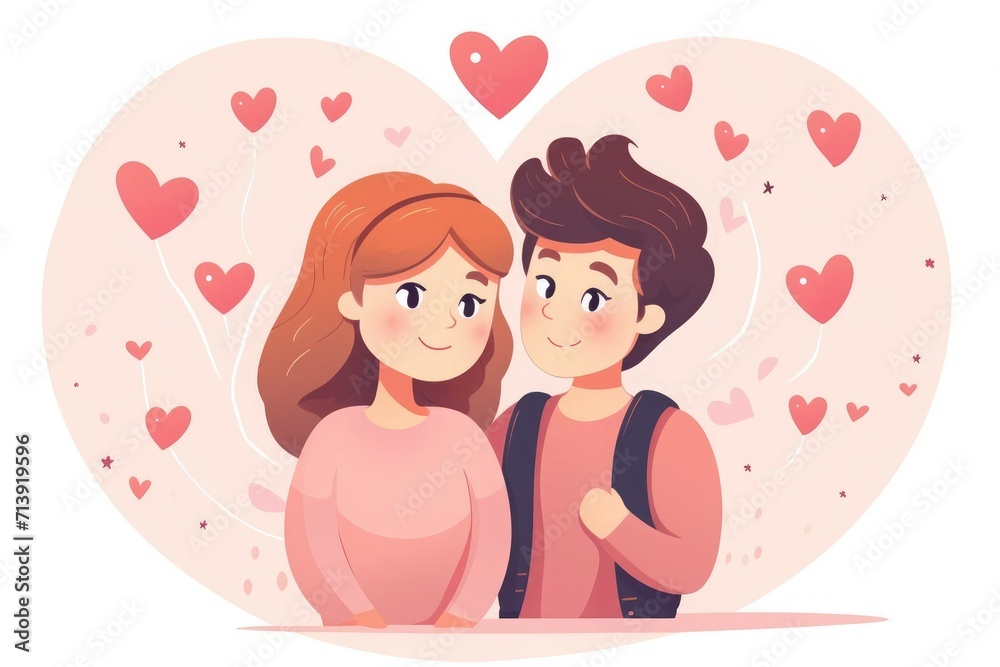 A charming illustration of a cute young couple, a boy and a girl, valentine's day, pastel colors, vector A charming illustration of a cute young couple, a boy and a girl, valentine's day, pastel colors, vector